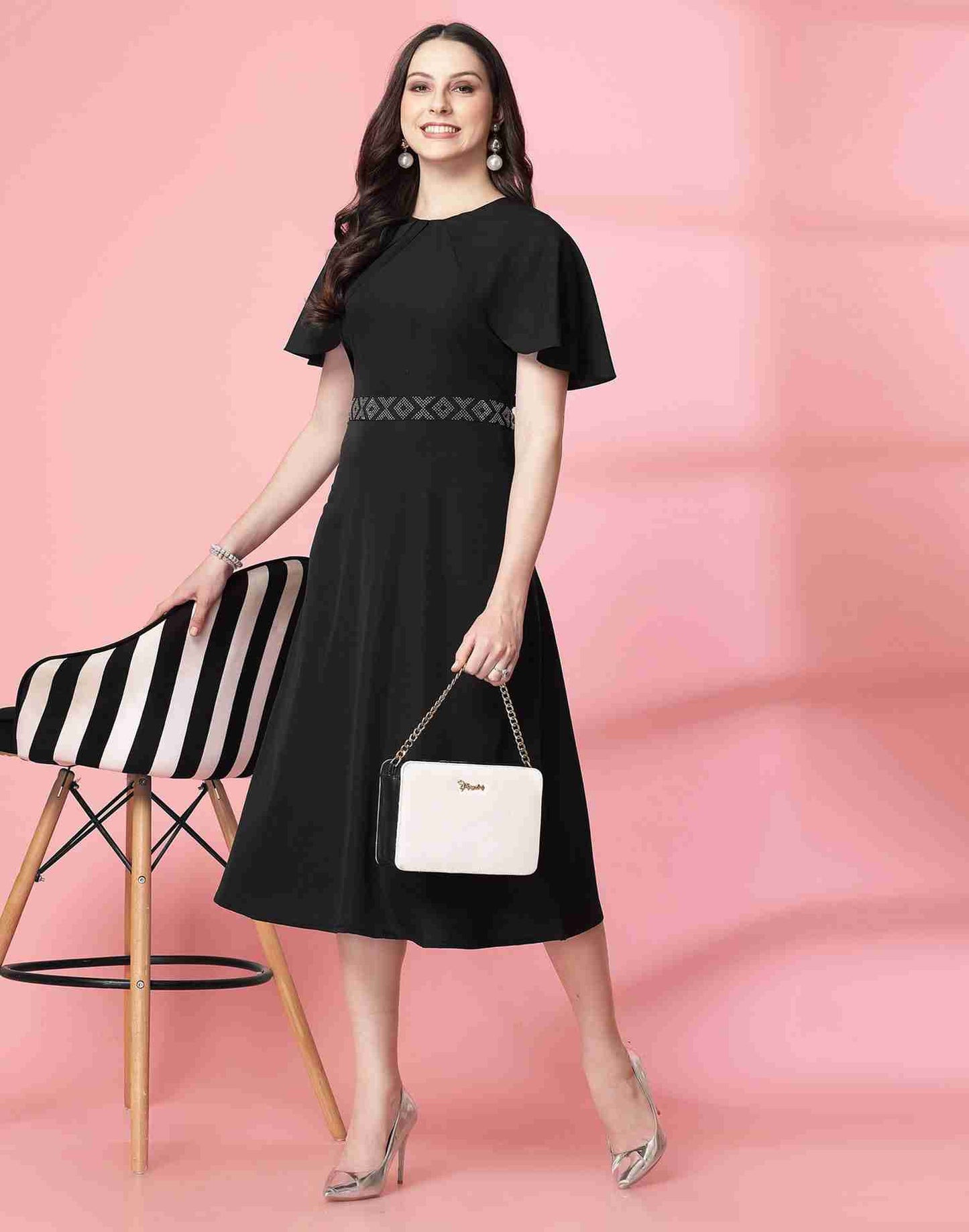 Black Polyester Plain Dress