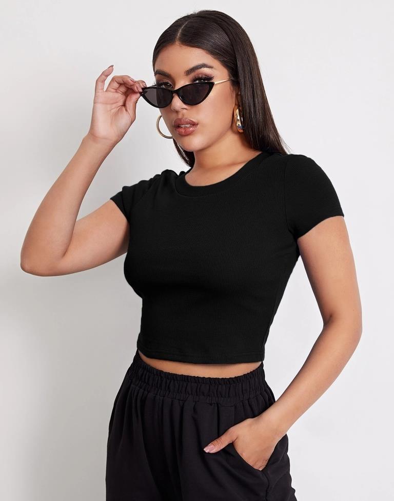 Black Cotton Knitted Crop Top