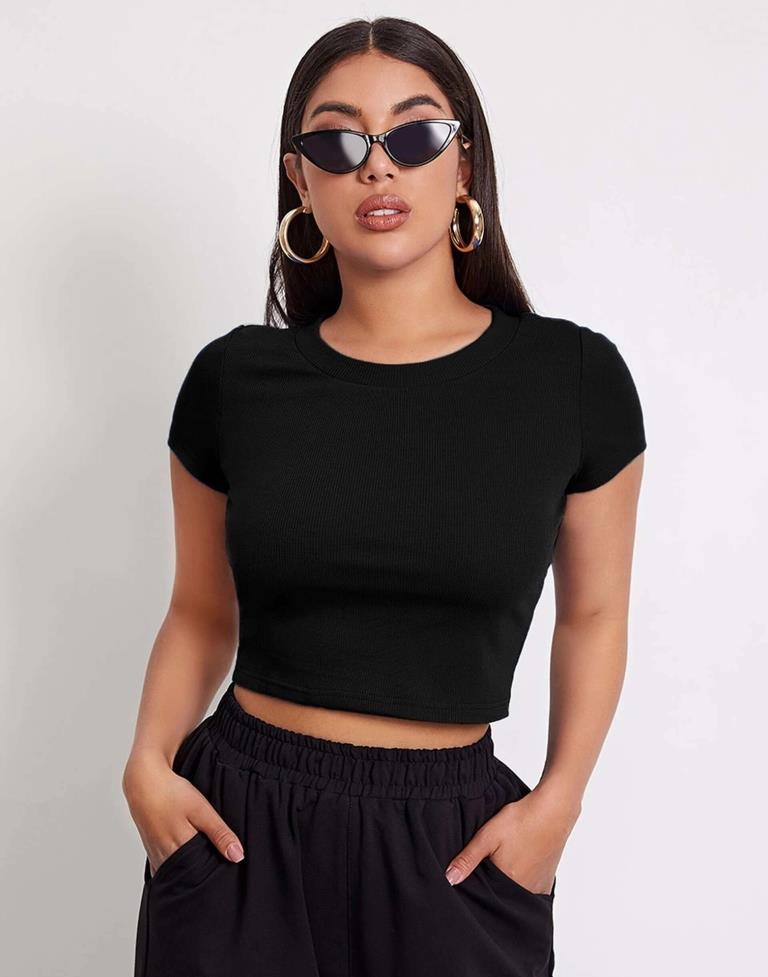 Black Cotton Knitted Crop Top