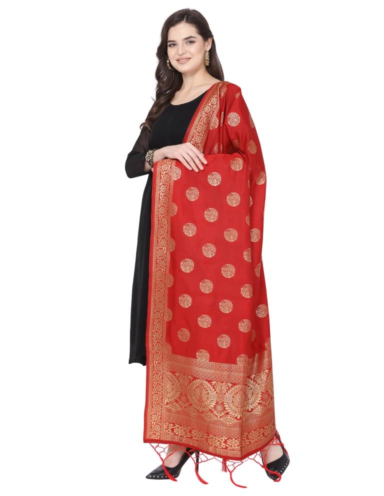 Fab Red Coloured Poly Silk Jacquard Banarasi Dupatta