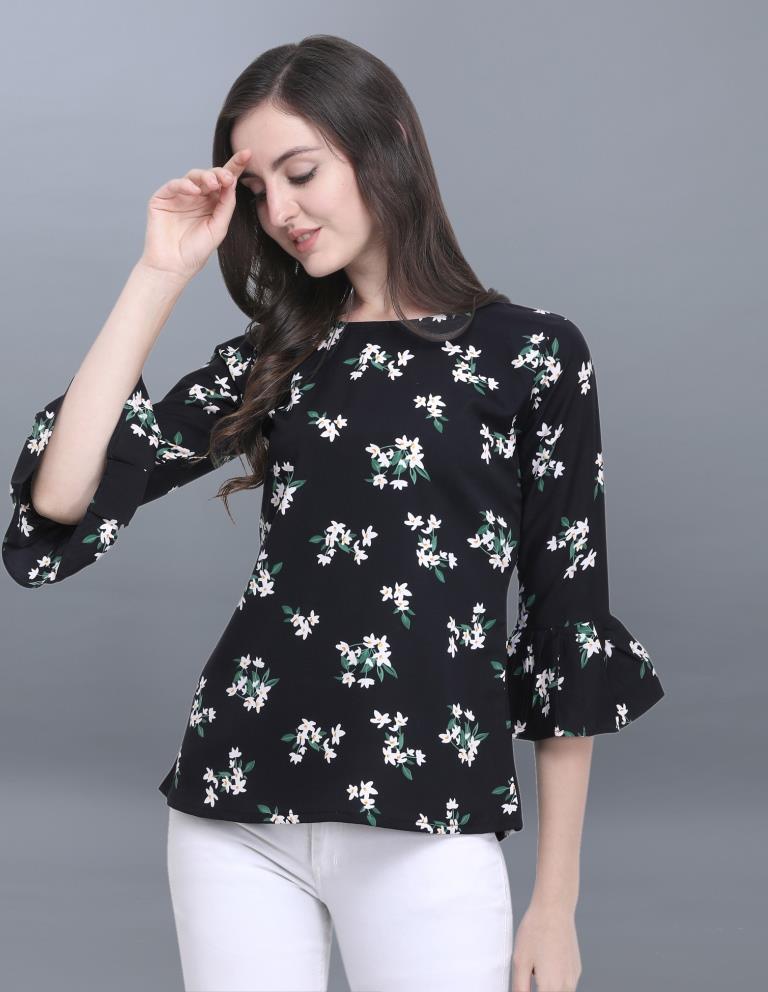 Fantastic Black Coloured Printed Crepe Tops