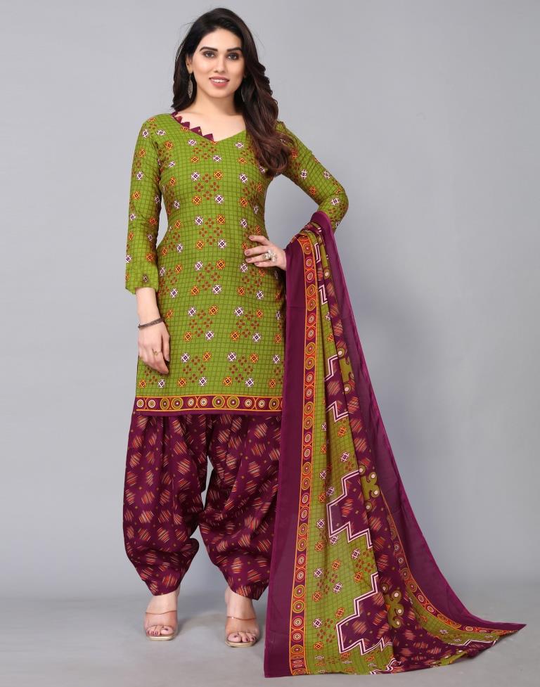 Green Cotton Printed Straight Kurta Kurti With Pant And Dupatta