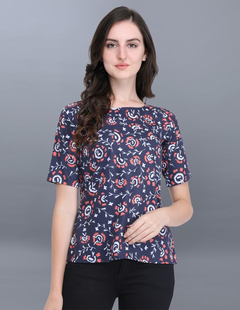 Aesthetic Navy Blue Coloured Printed Crepe Tops