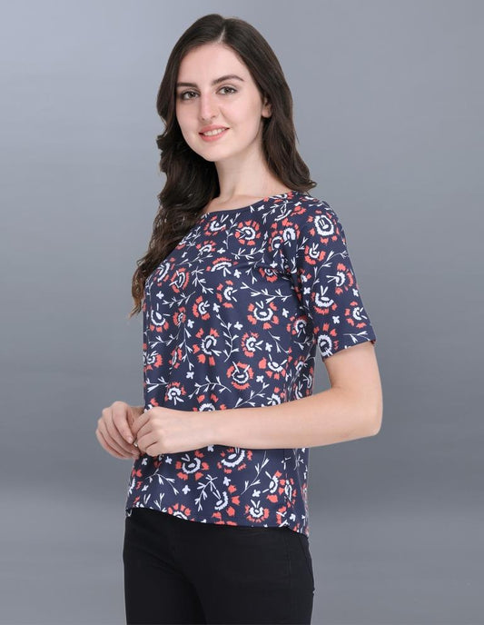 Aesthetic Navy Blue Coloured Printed Crepe Tops