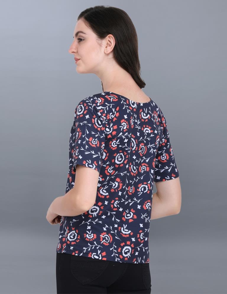 Aesthetic Navy Blue Coloured Printed Crepe Tops