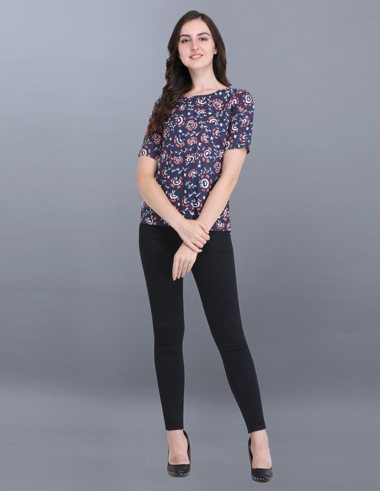 Aesthetic Navy Blue Coloured Printed Crepe Tops