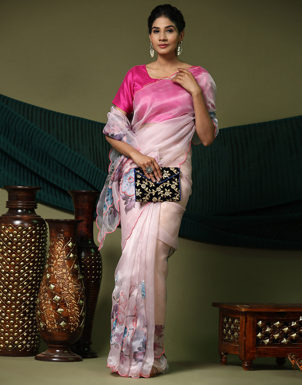 Baby Pink Organza Saree Digital Printed Work With Cutwork Border