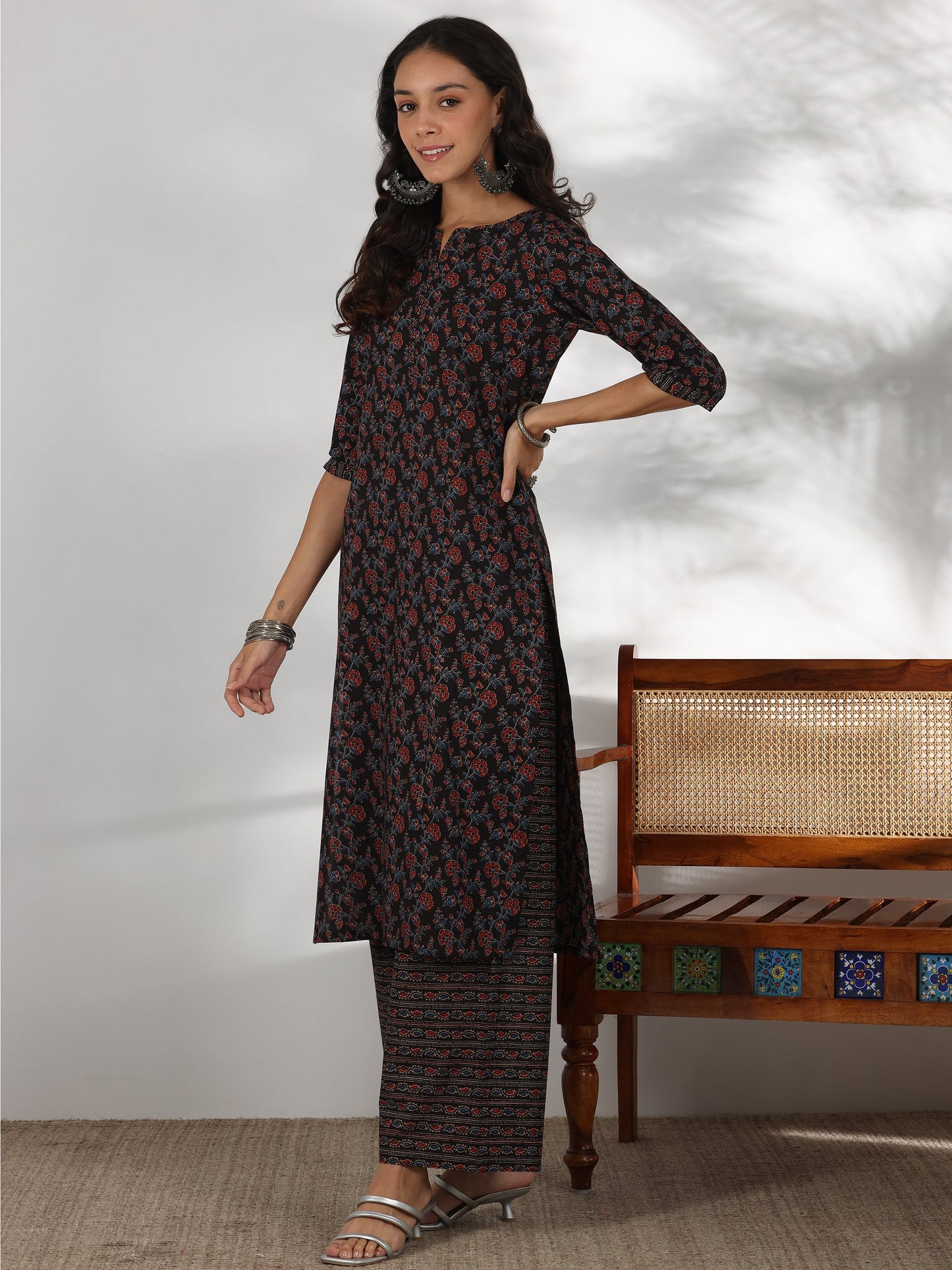 Black Printed Cotton Straight Suit With Dupatta