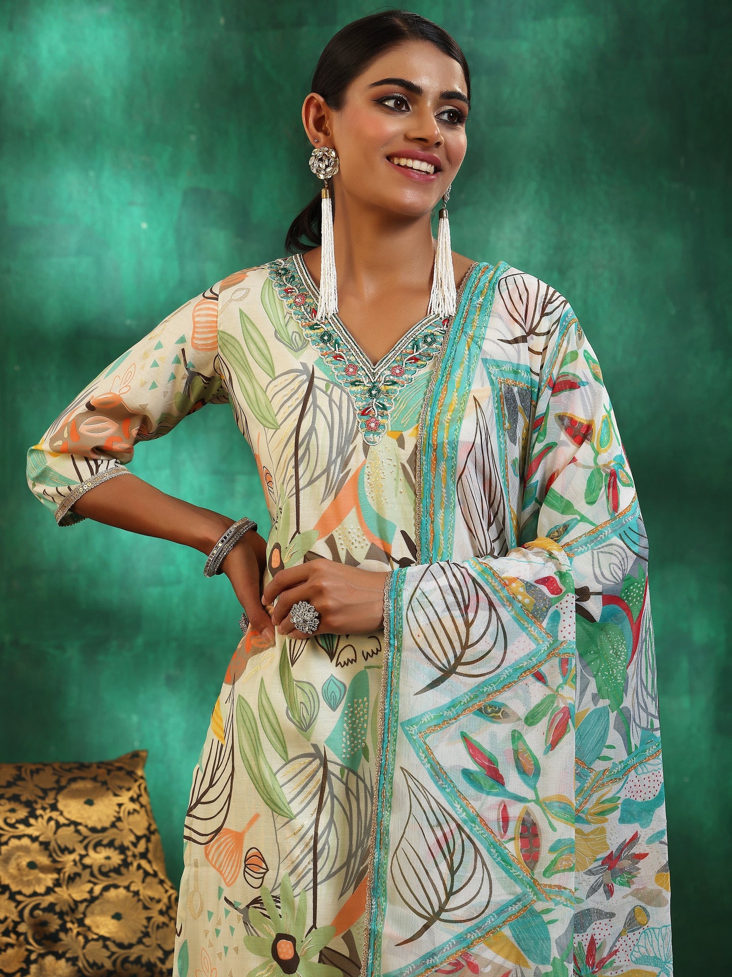 Off White Printed Silk Blend Straight Suit With Dupatta