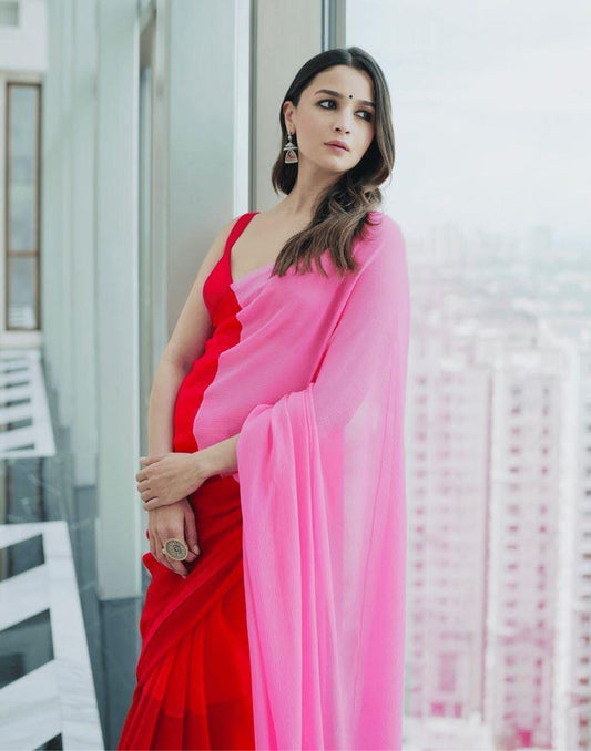 Alia Bhatt's Soft Georgette Red and Pink Saree