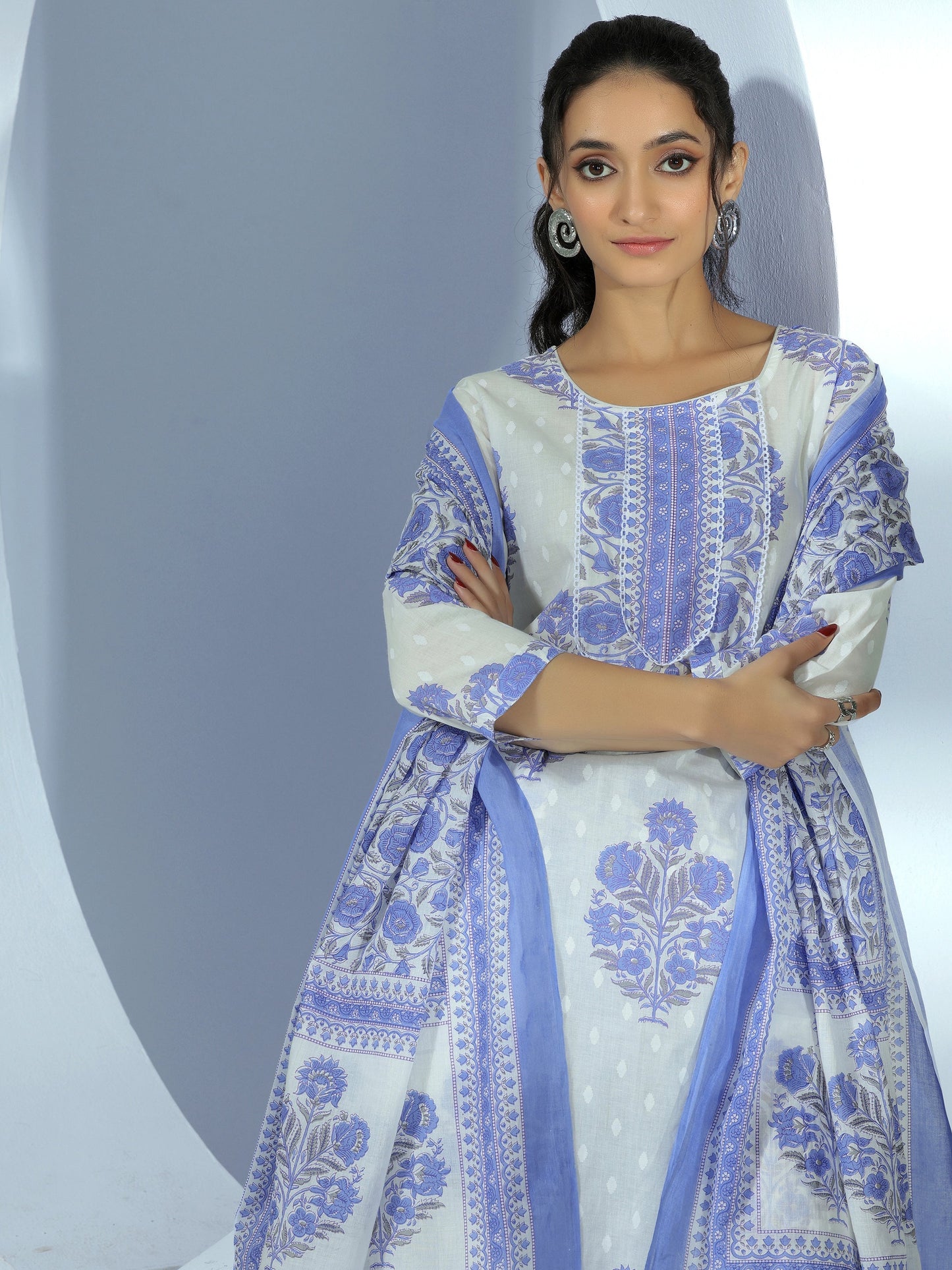 Off White Printed Cotton Straight Suit With Dupatta