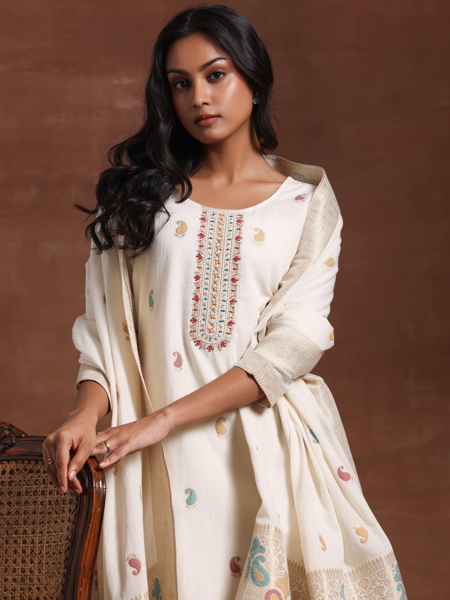 Off White Woven Design Cotton Straight Suit With Dupatta