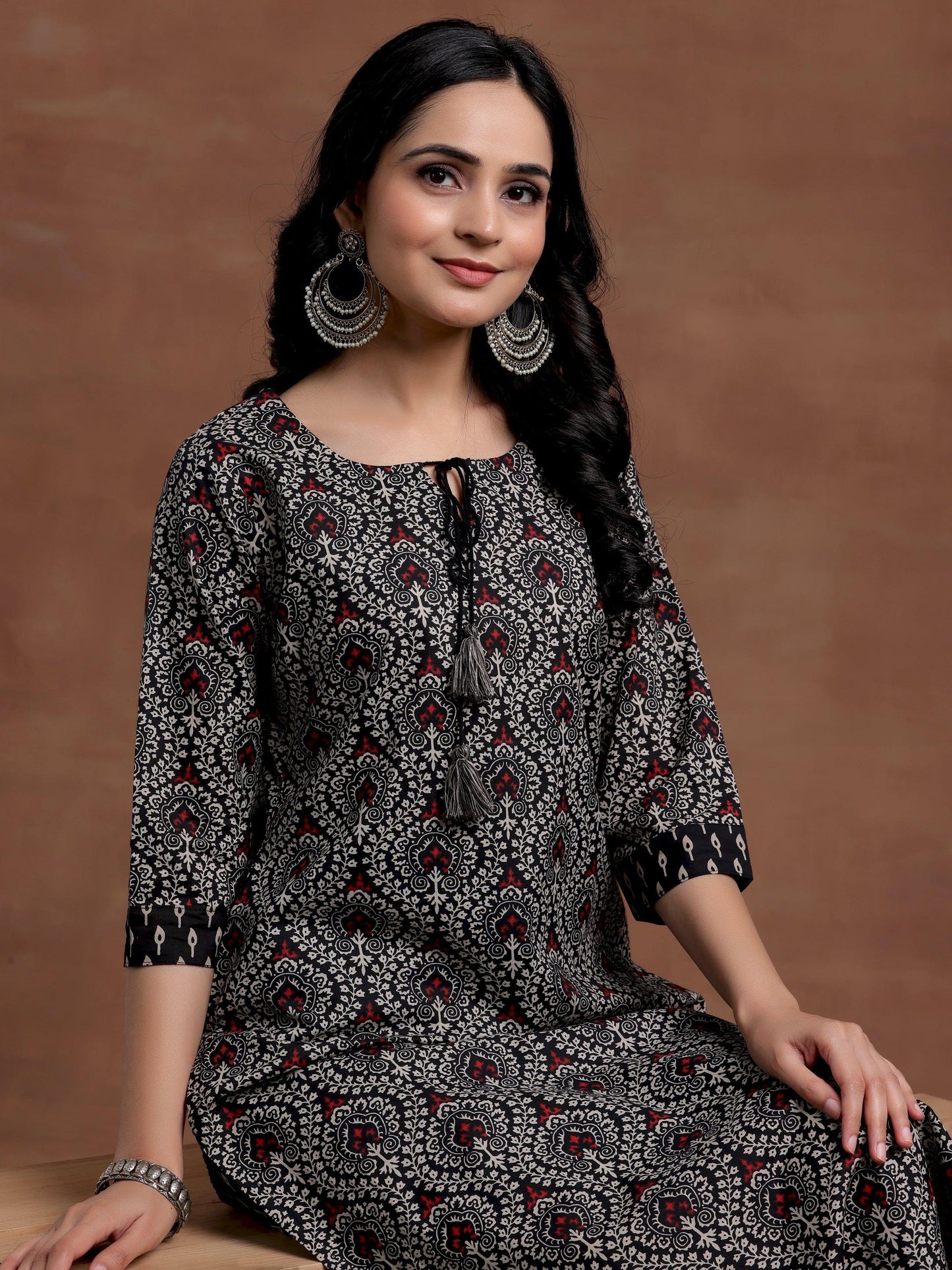 Black Printed Cotton Straight Kurta Set