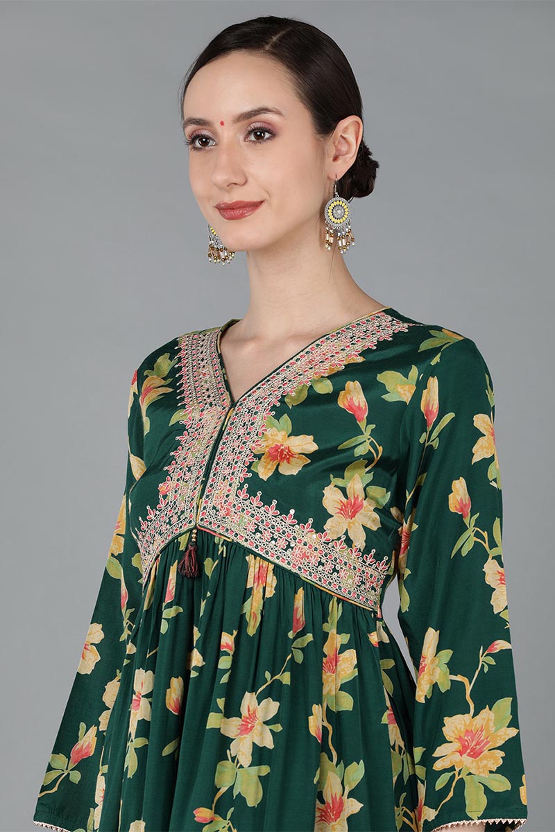 Green Chanderi Silk Floral Printed Flared Kurta Set VKSET1362