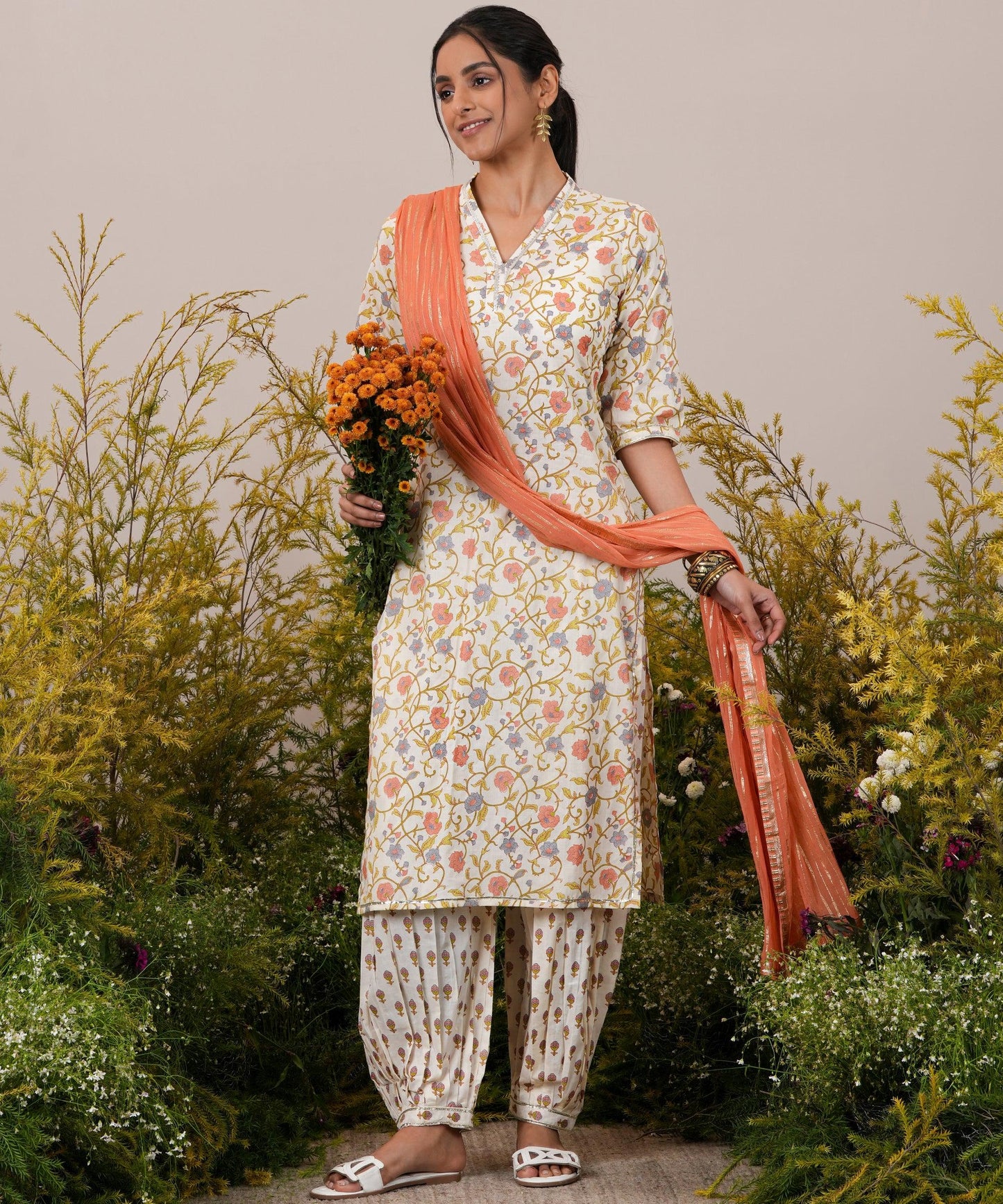 Off White Printed Cotton Straight Suit With Dupatta