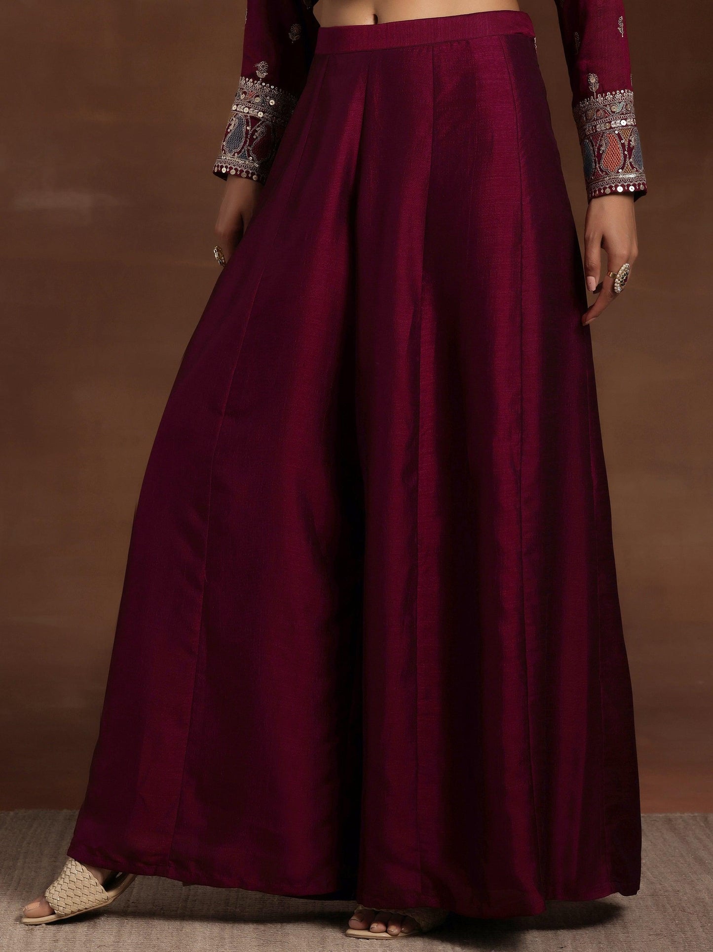 Adaa Wine Embroidered Silk Blend Straight Kurta With Palazzos & Dupatta