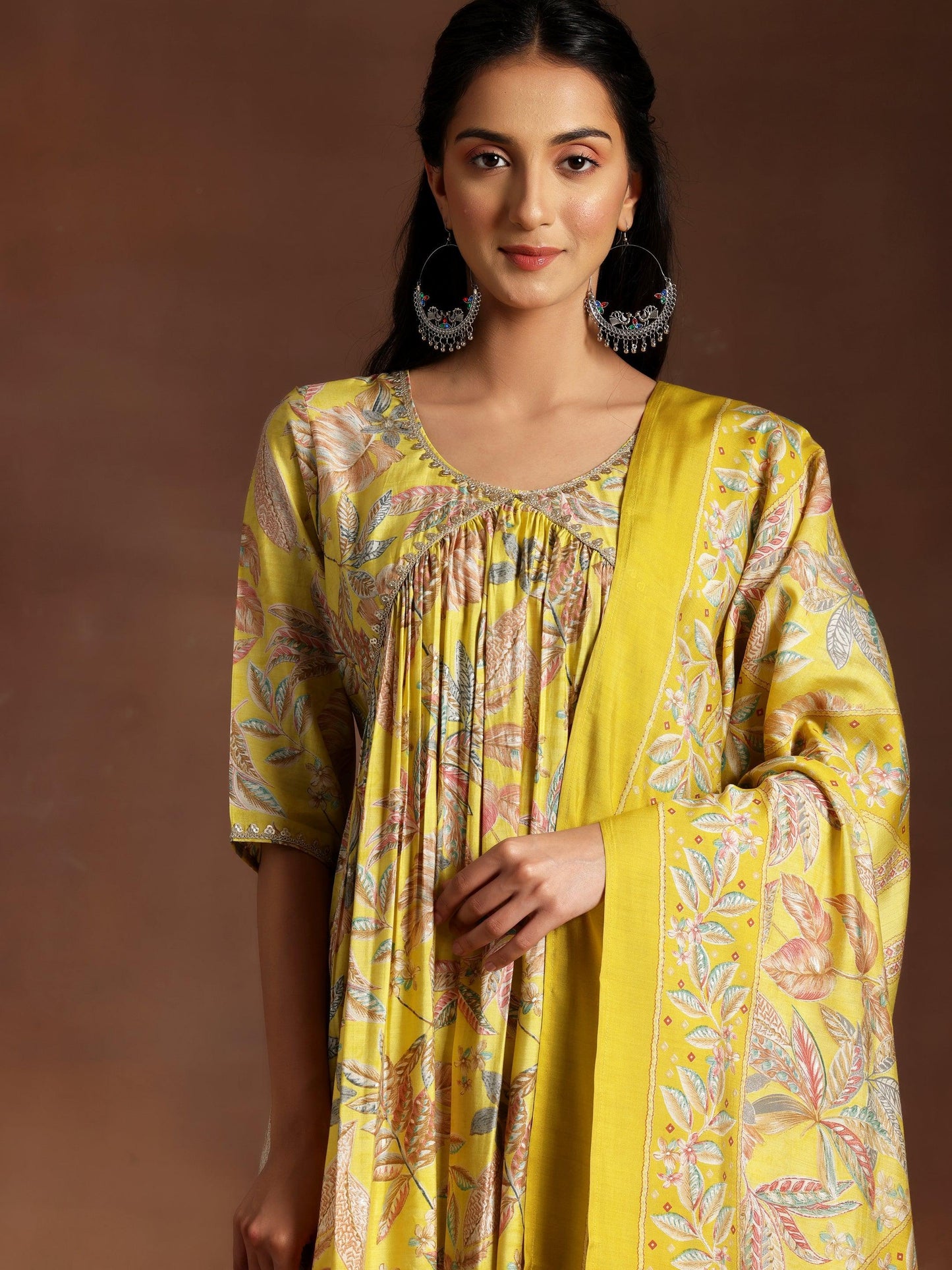 Aashna Mustard Printed Silk Blend A-Line Kurta With Palazzos & Dupatta