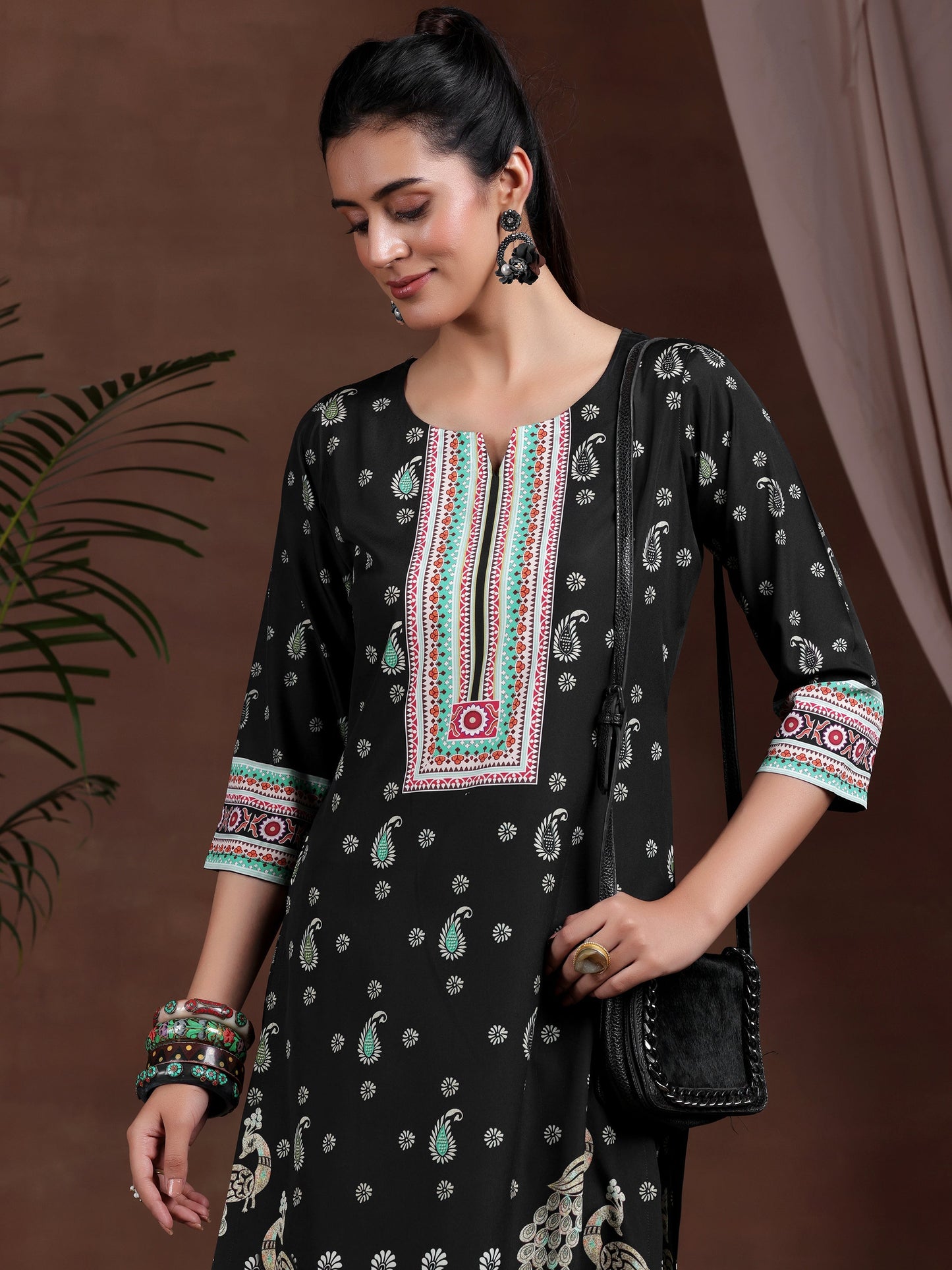 Black Printed Poly Crepe Straight Kurta Set