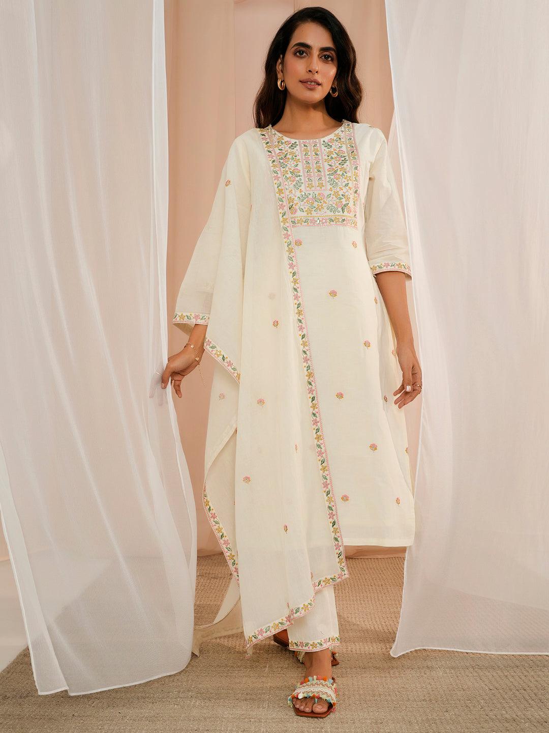 Off White Yoke Design Cotton Straight Suit With Dupatta