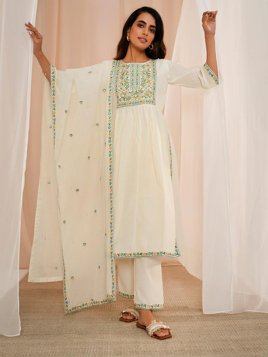 Off White Yoke Design Cotton A-Line Kurta With Palazzos & Dupatta