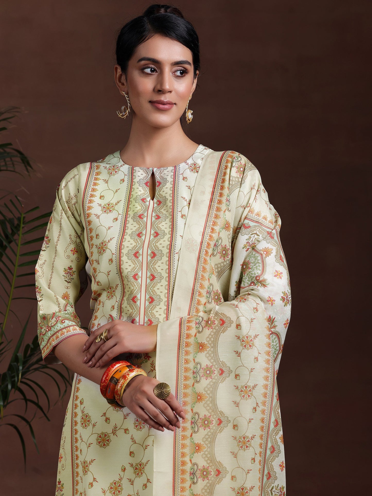 Off White Printed Poly Crepe Straight Suit With Dupatta