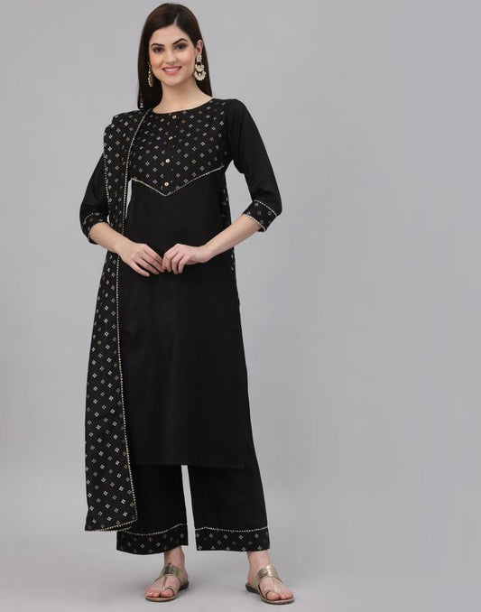 Black Khadi printed Kurti with Pant And Dupatta