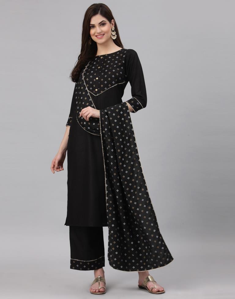 Black Khadi printed Kurti with Pant And Dupatta