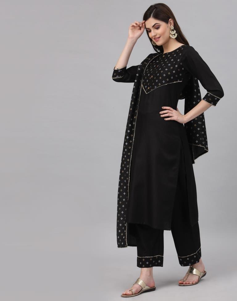 Black Khadi printed Kurti with Pant And Dupatta