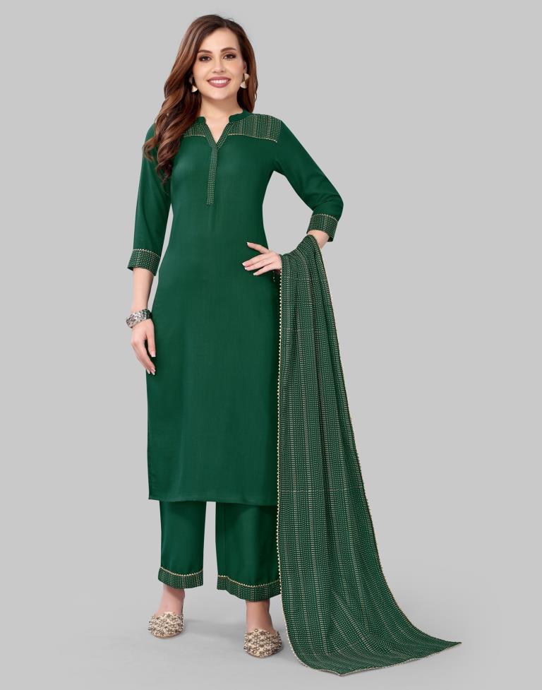 Green Khadi printed Kurti with Pant And Dupatta