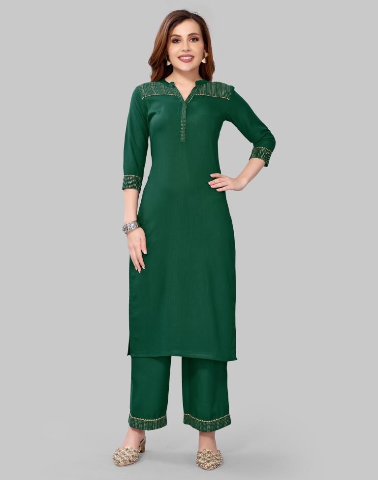 Green Khadi printed Kurti with Pant And Dupatta