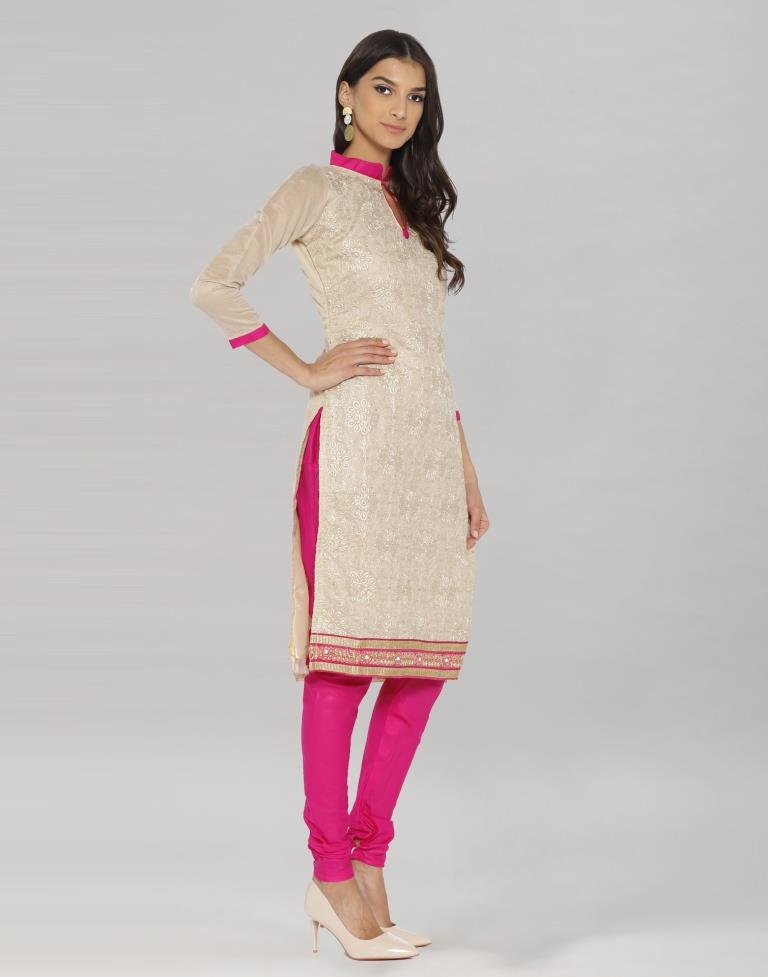 Beige Chanderi Silk Embroidered Unstitched Salwar Suit