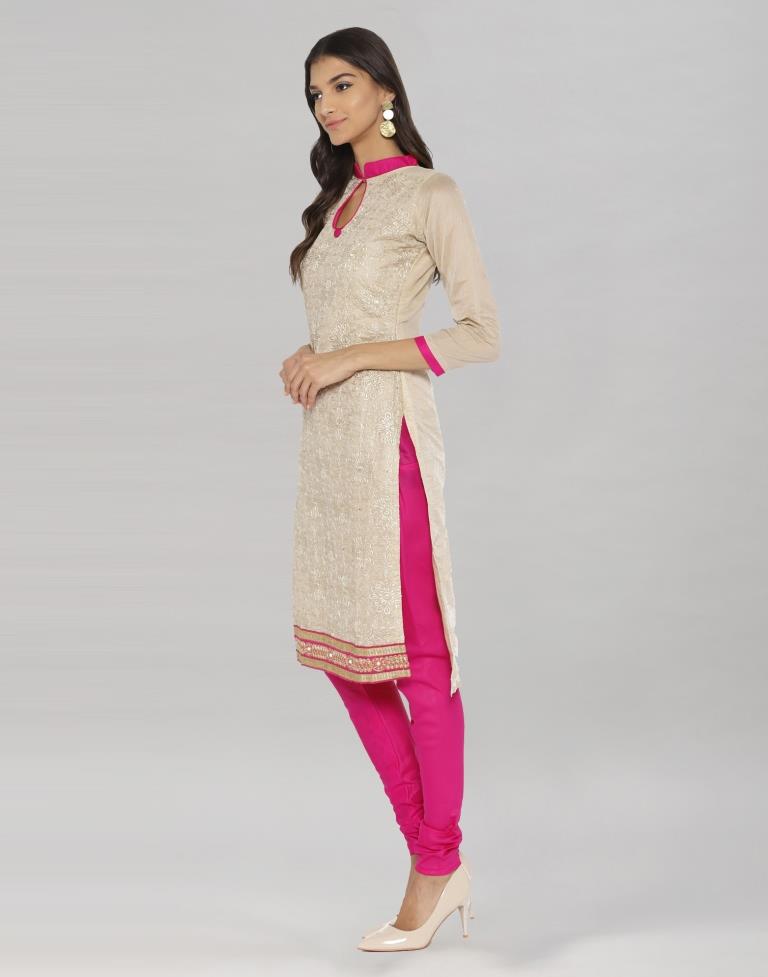 Beige Chanderi Silk Embroidered Unstitched Salwar Suit