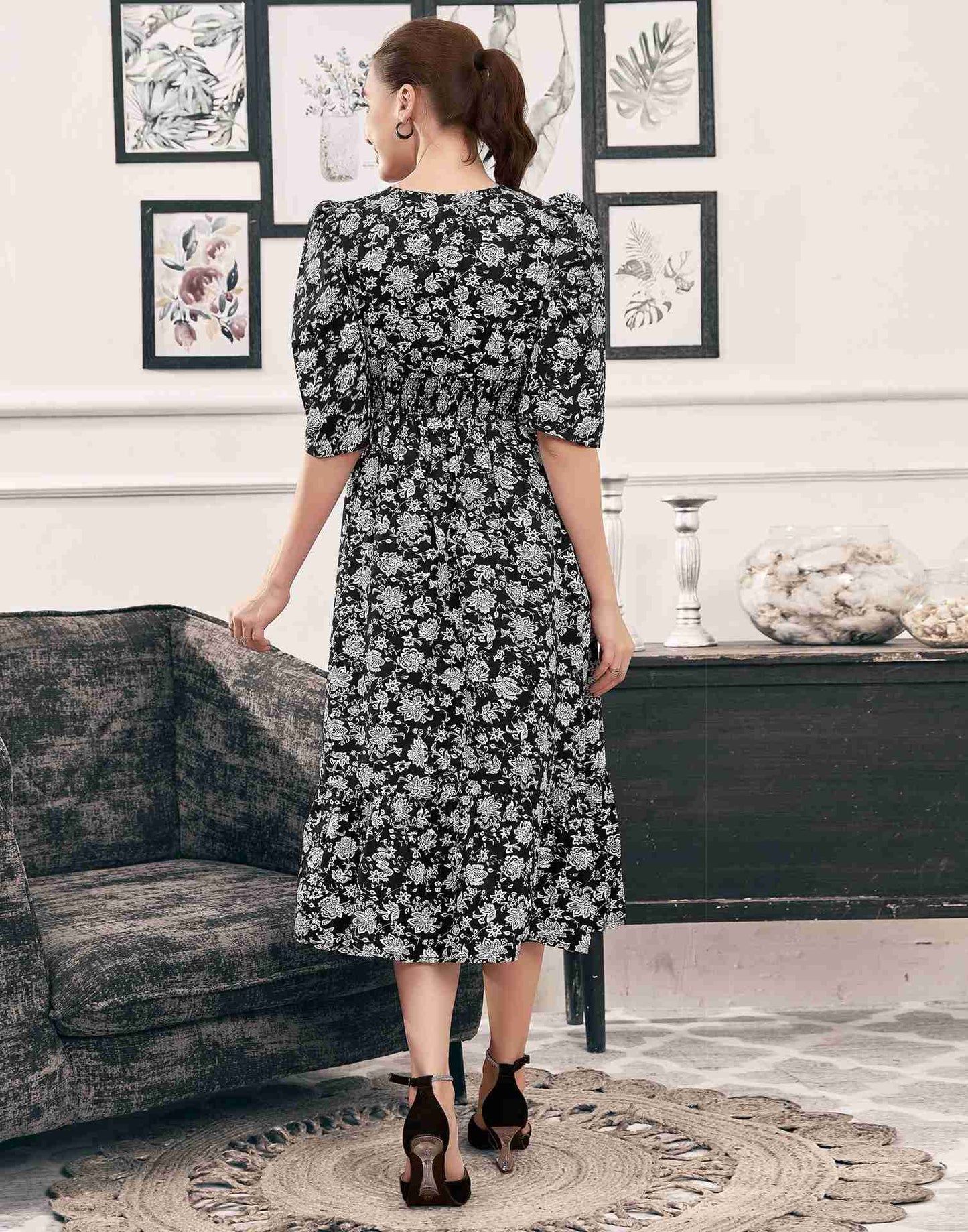 Black Polyester Printed Flared Dress