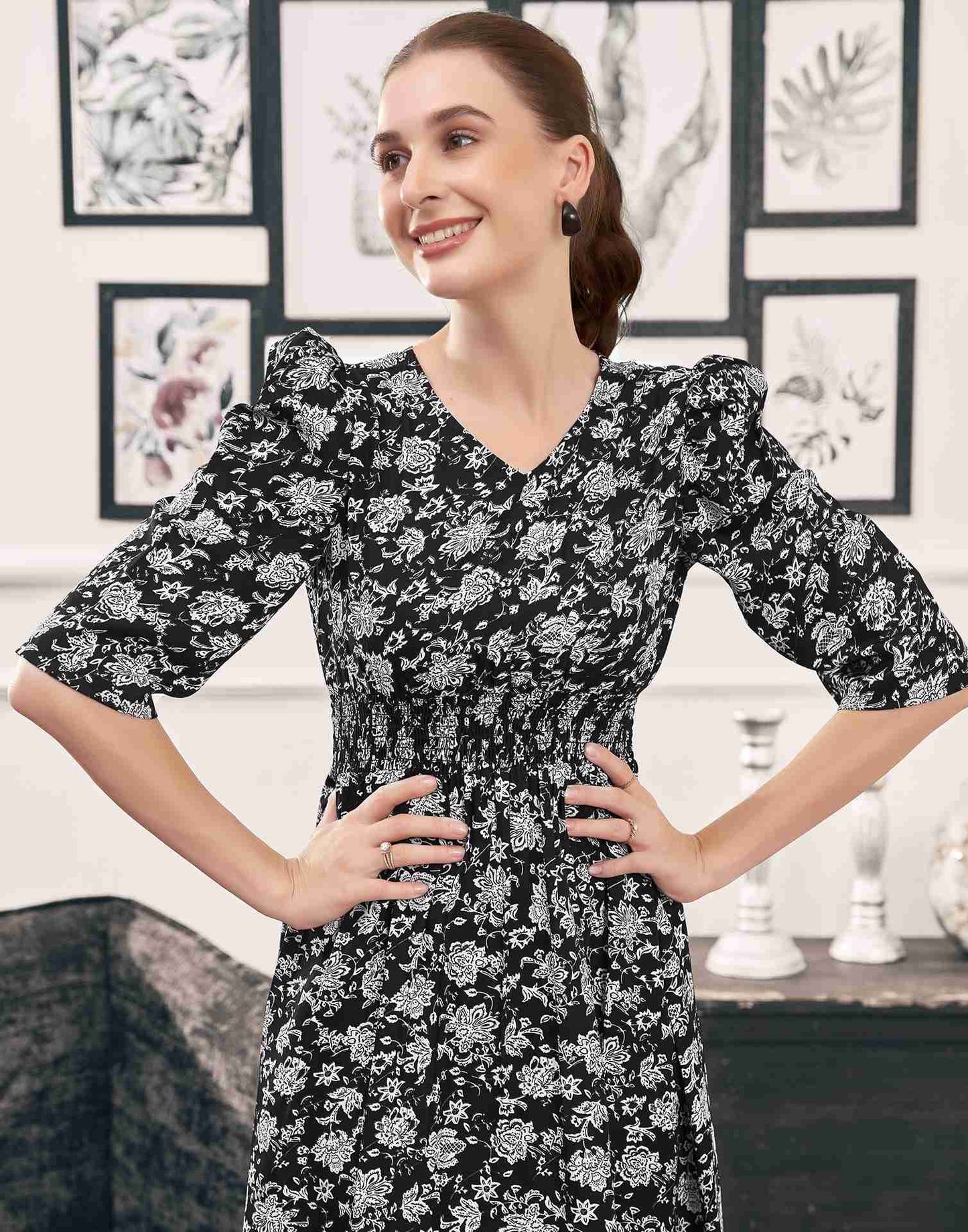 Black Polyester Printed Flared Dress