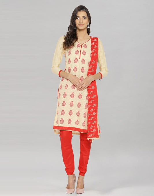 Beige Cotton Embroidered Printed Unstitched Salwar Suit