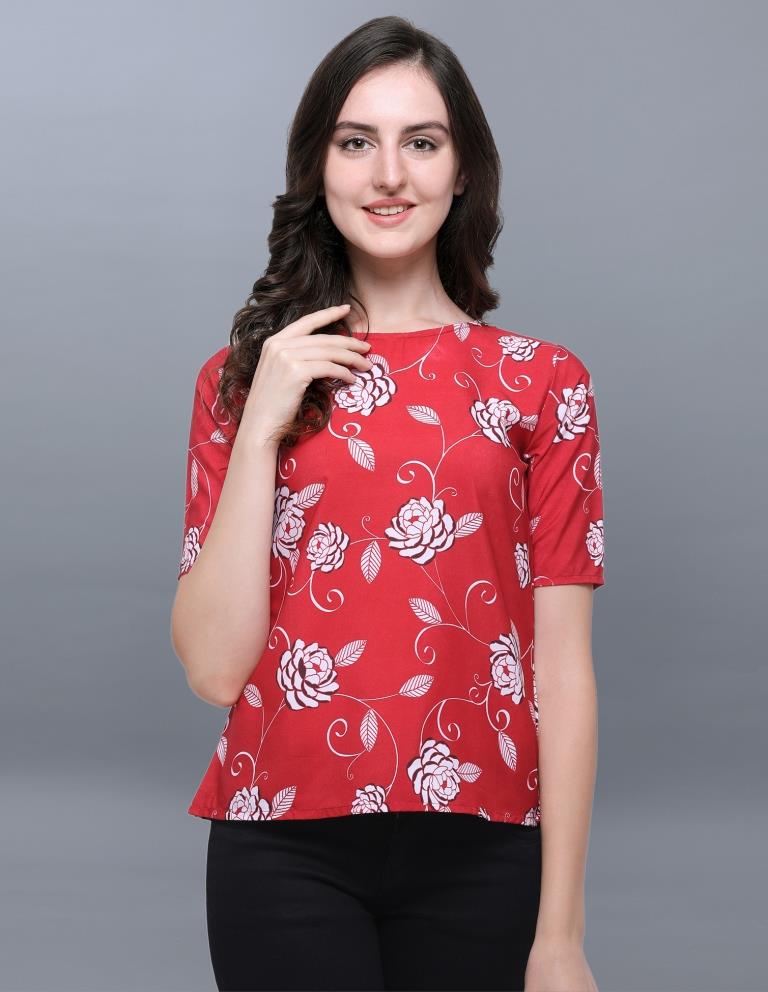 Exuberant Red Coloured Printed Crepe Tops