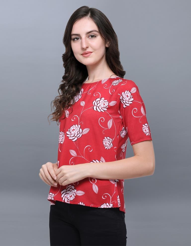 Exuberant Red Coloured Printed Crepe Tops