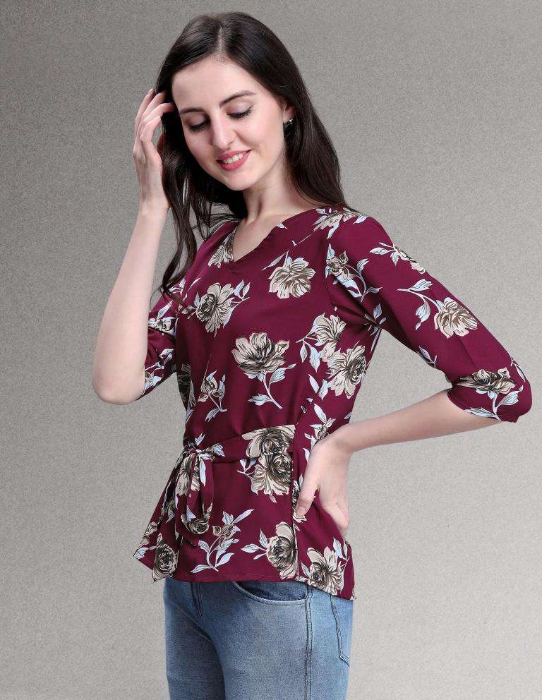 Appealing Maroon Coloured Printed Crepe Tops