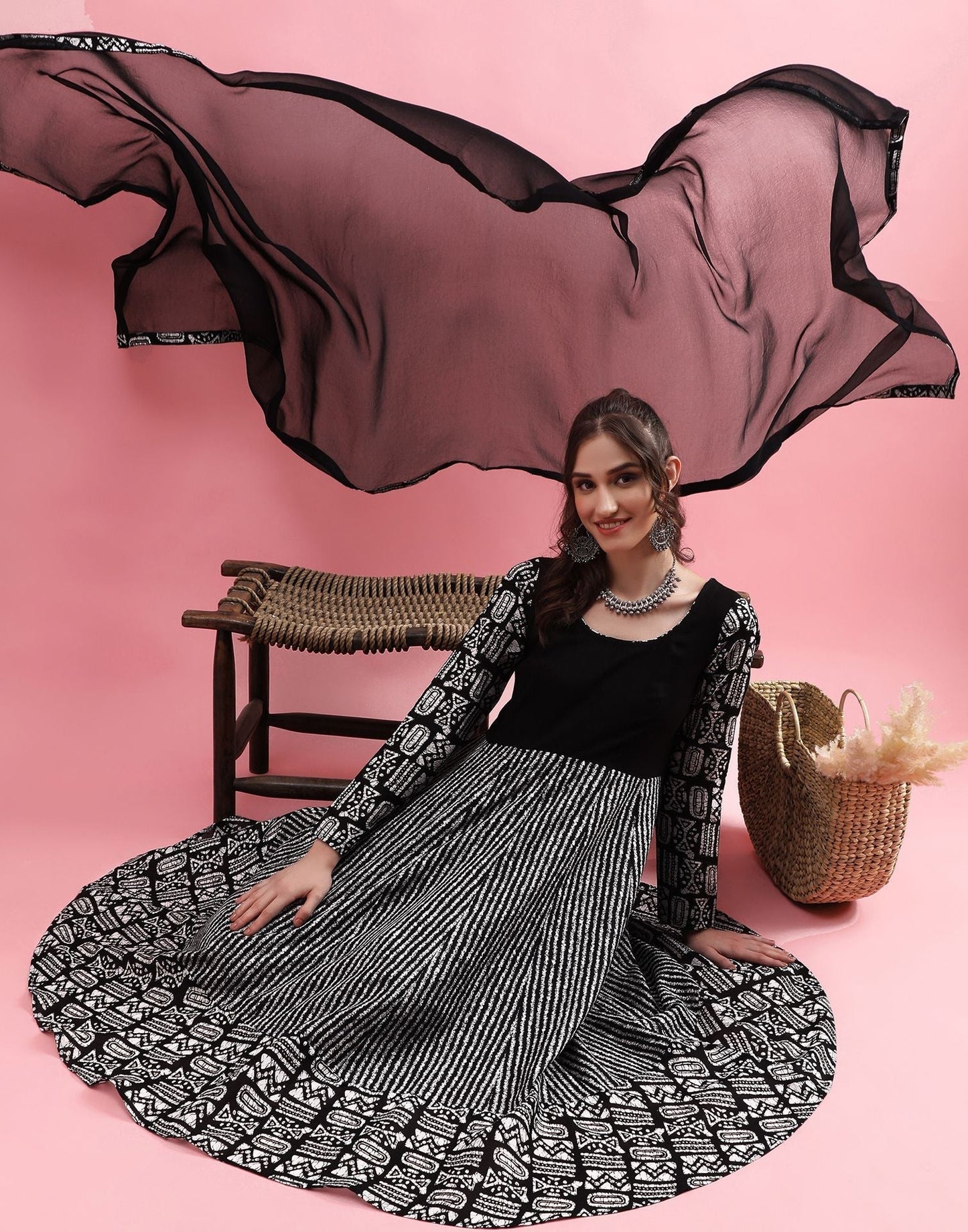 Black Printed Cotton Flared Kurta With Pant And Dupatta