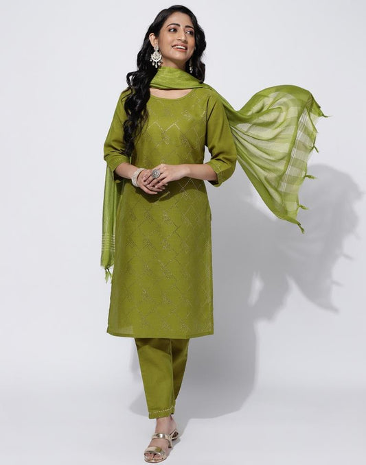 Olive Green Printed Straight Kurti With Pant And Dupatta