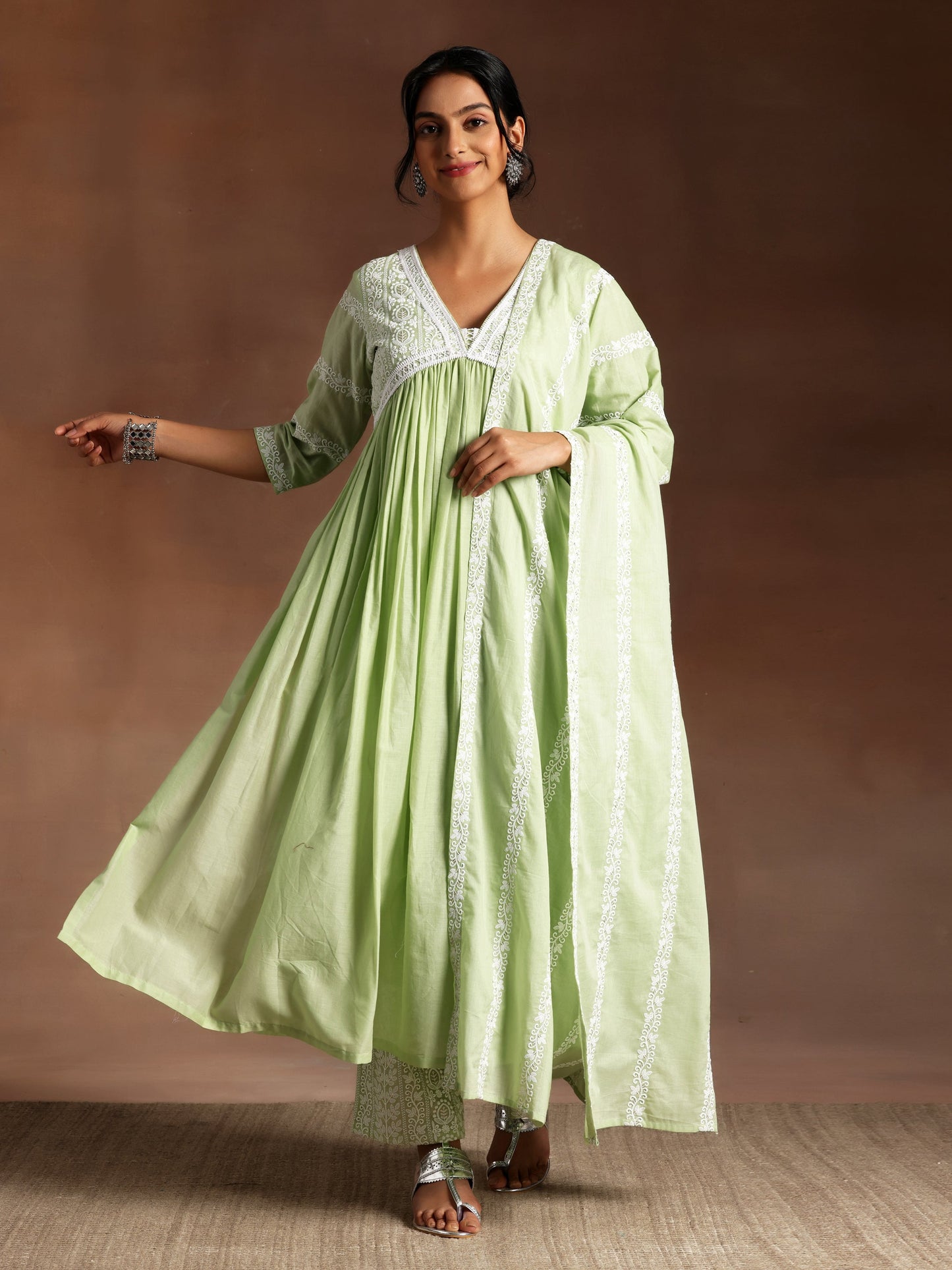 Green Embroidered Cotton A-Line Kurta With Palazzos & Dupatta