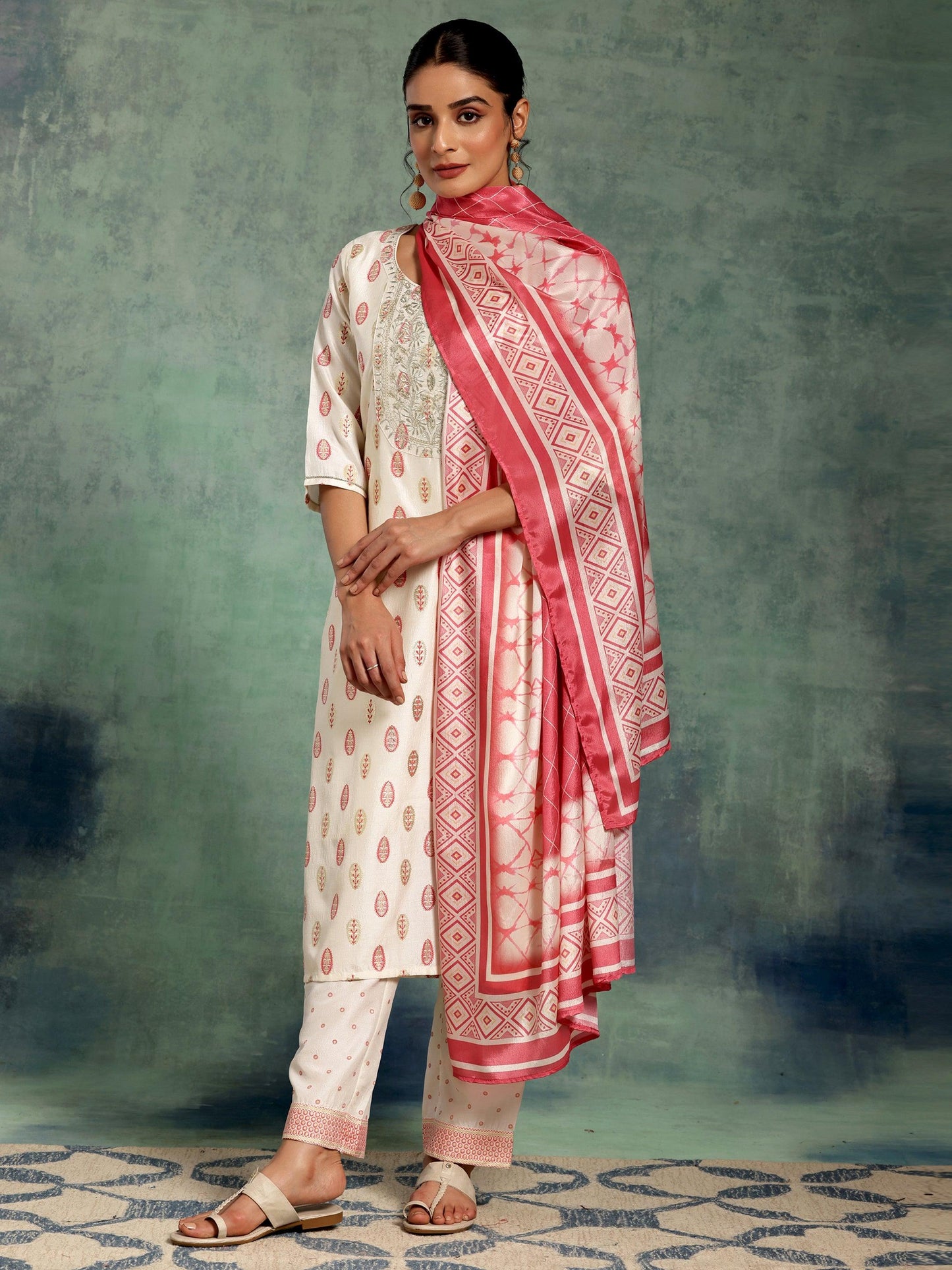 Off White Printed Silk Blend Straight Suit With Dupatta