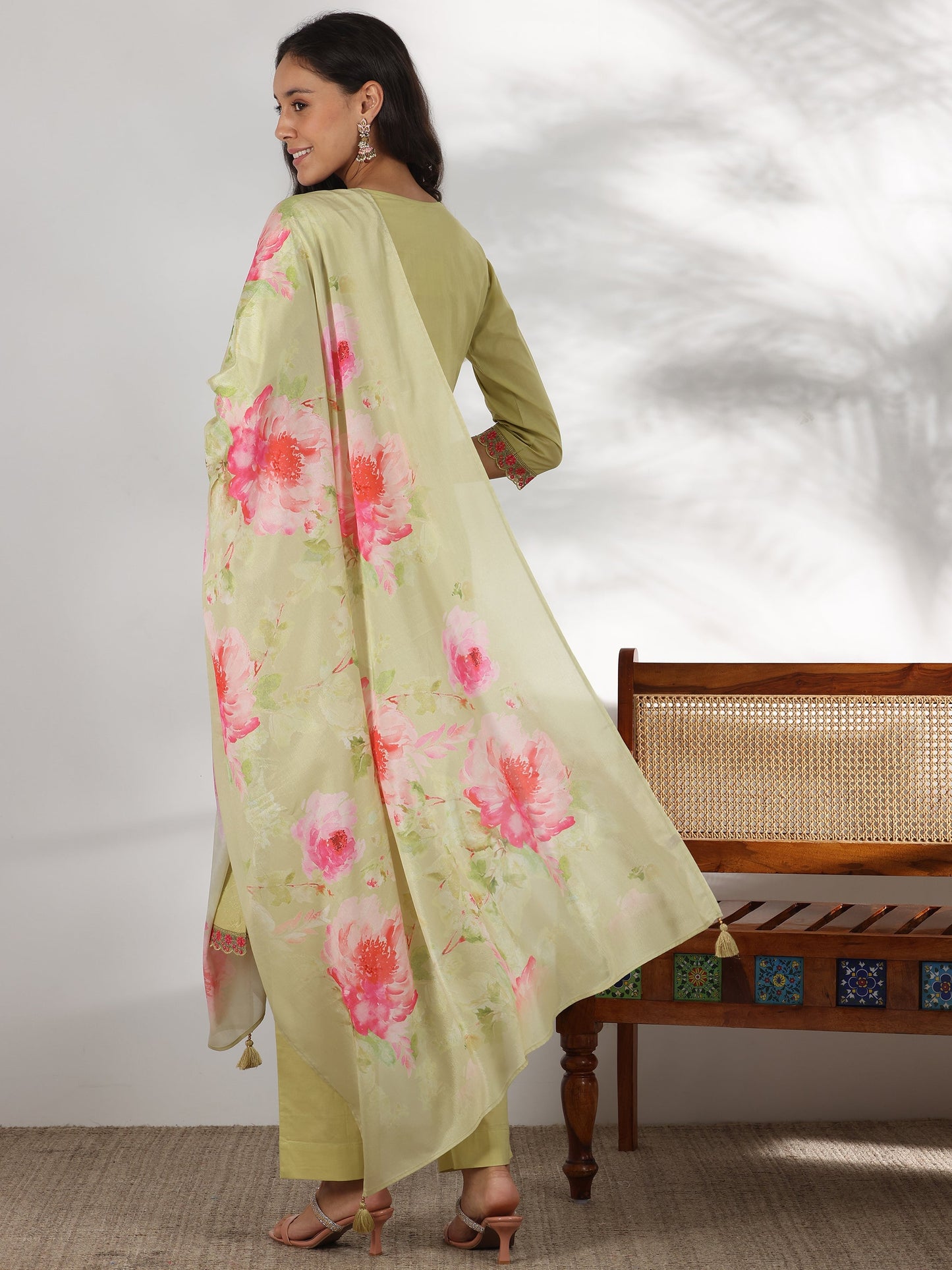 Green Embroidered Cotton Straight Suit With Dupatta