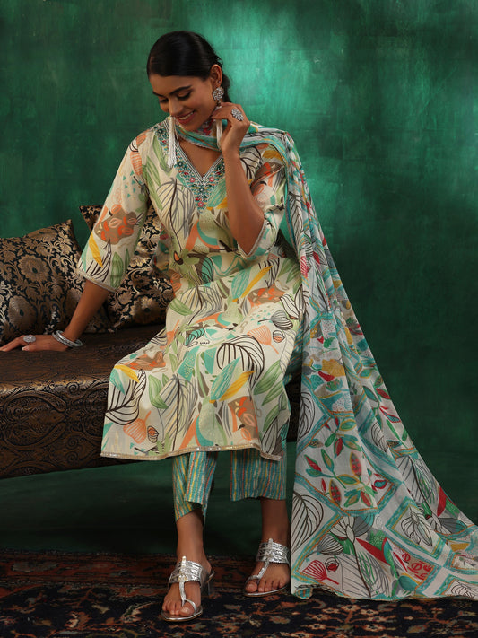 Off White Printed Silk Blend Straight Suit With Dupatta