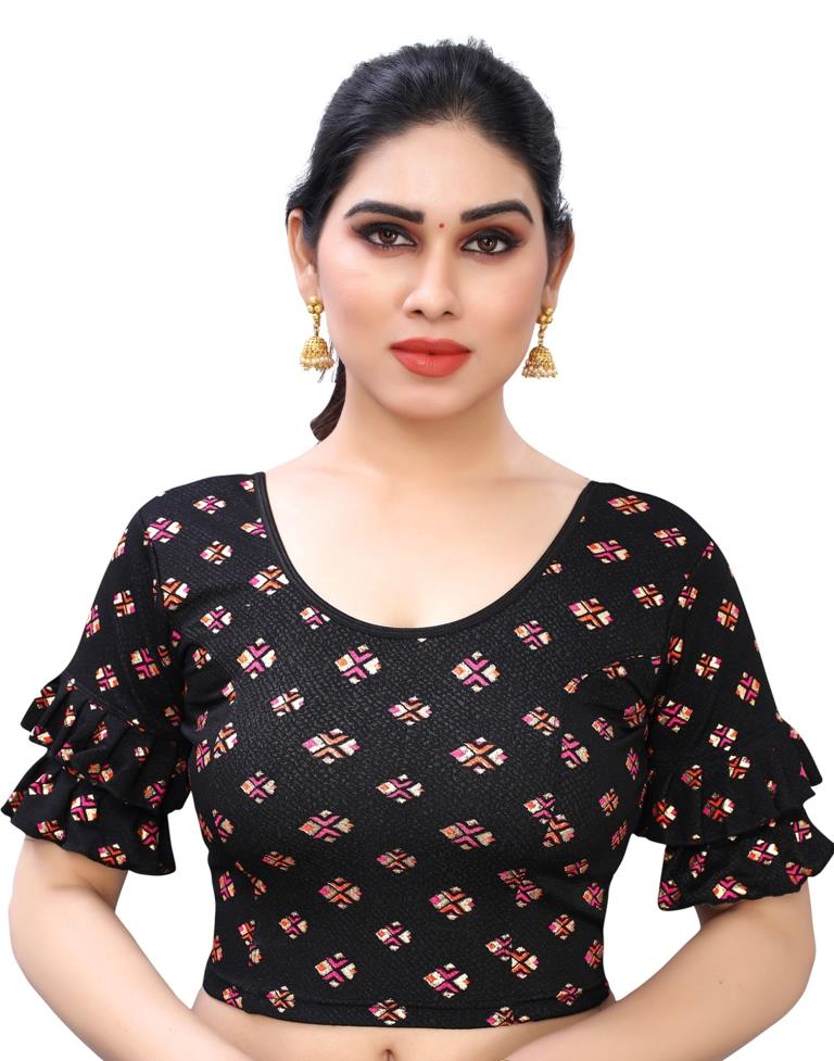 Classic Black Coloured Lycra Foil Printed Stitched Blouse