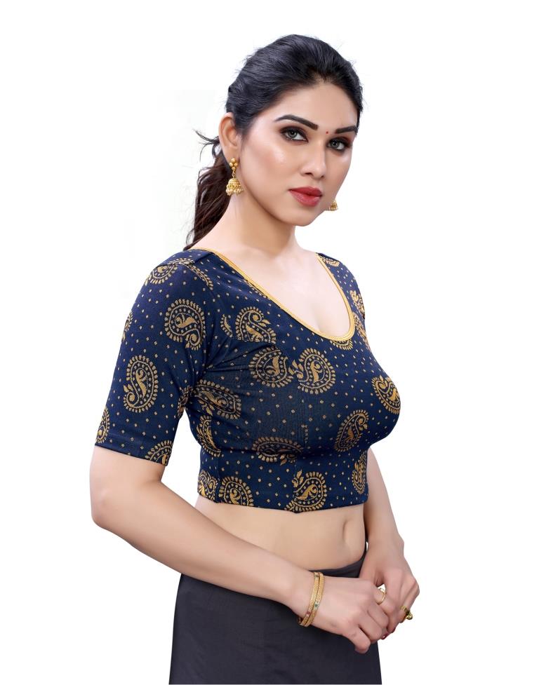 Glossy Navy Blue Coloured Lycra Knitted Stitched Blouse