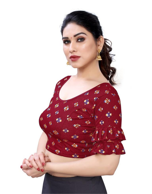 Adorable Maroon Coloured Lycra Foil Printed Stitched Blouse