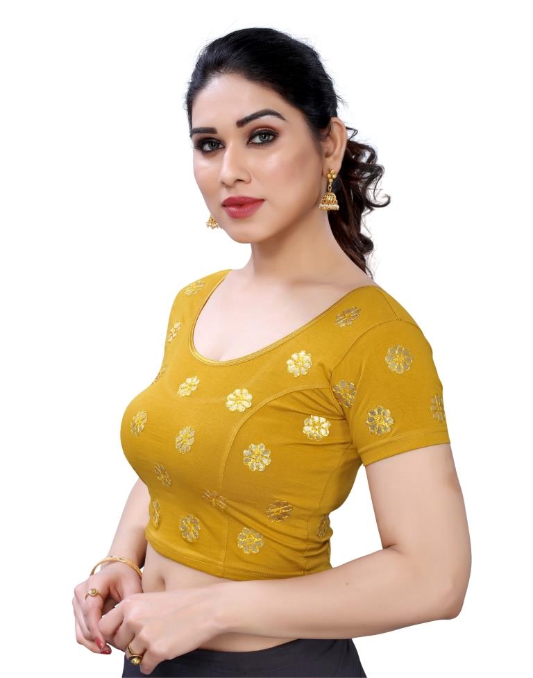 Dazzling Mustard Coloured Lycra Embroidered Stitched Blouse