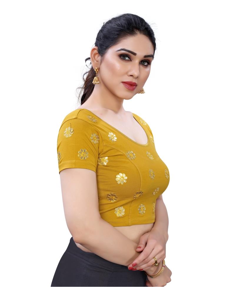 Dazzling Mustard Coloured Lycra Embroidered Stitched Blouse