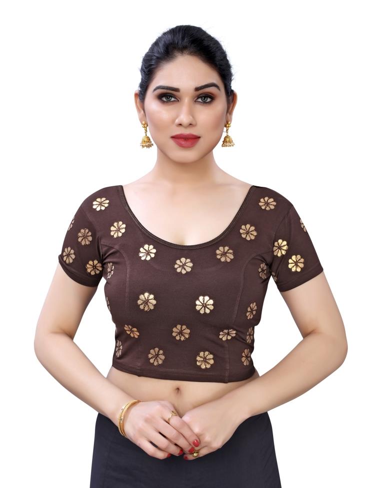 Exuberant Brown Coloured Lycra Embroidered Stitched Blouse